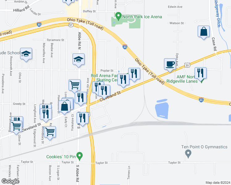 map of restaurants, bars, coffee shops, grocery stores, and more near 880 Cleveland Street in Elyria