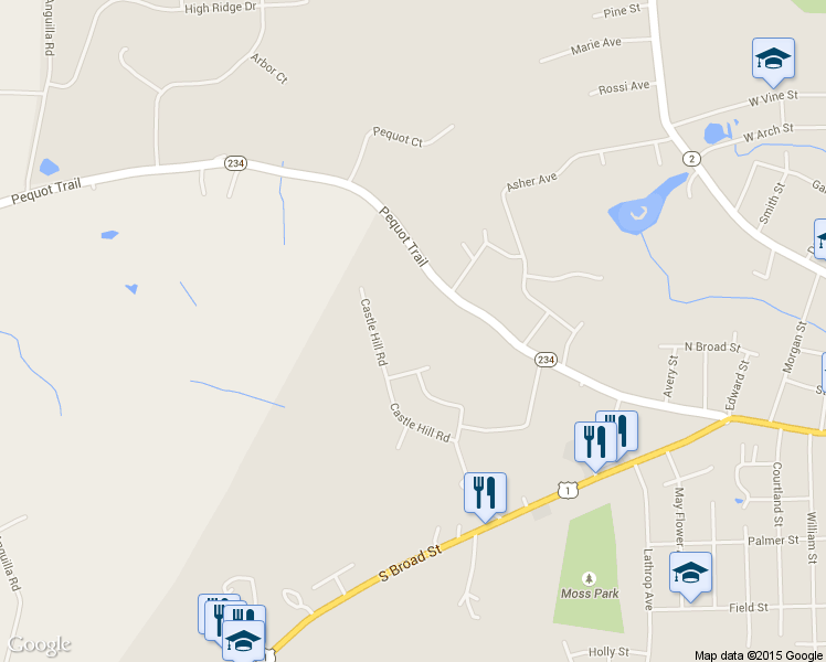 map of restaurants, bars, coffee shops, grocery stores, and more near 126 Castle Hill Road in Stonington