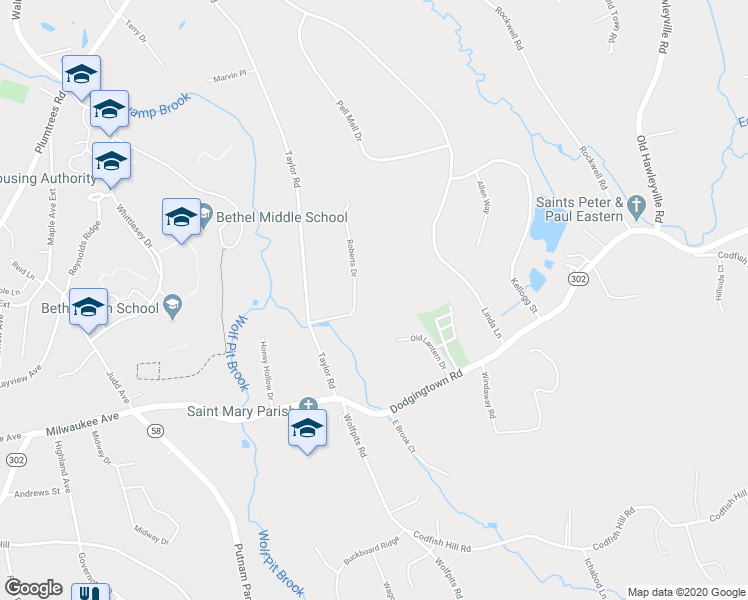 map of restaurants, bars, coffee shops, grocery stores, and more near 1 Roberts Drive in Bethel