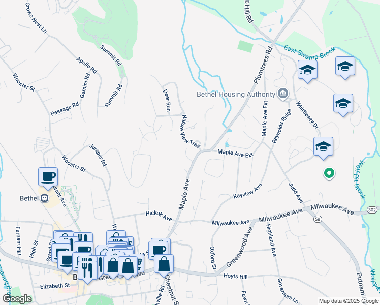 map of restaurants, bars, coffee shops, grocery stores, and more near 1 Farm Court in Bethel