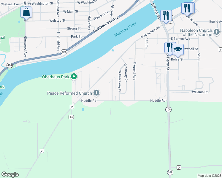 map of restaurants, bars, coffee shops, grocery stores, and more near 538 Huddle Road in Napoleon