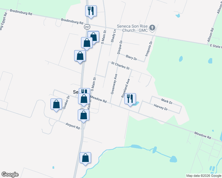 map of restaurants, bars, coffee shops, grocery stores, and more near 193 Greenway Avenue in Seneca