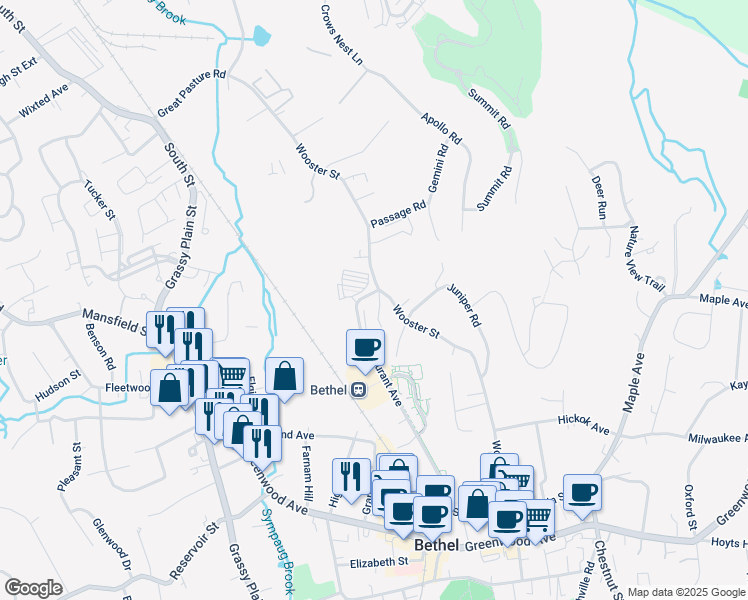 map of restaurants, bars, coffee shops, grocery stores, and more near 38 Durant Avenue in Bethel