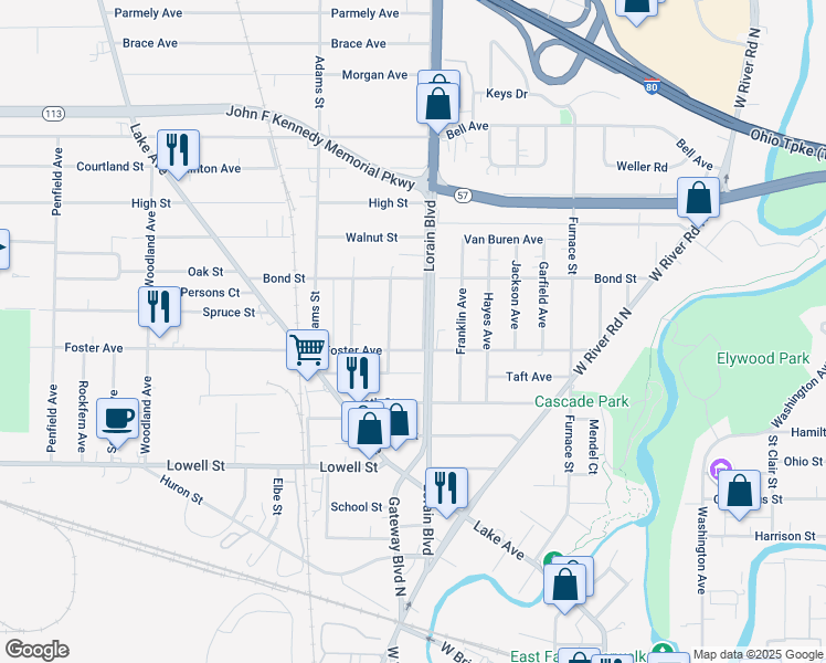 map of restaurants, bars, coffee shops, grocery stores, and more near 412 Lorain Blvd in Elyria