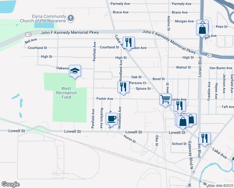 map of restaurants, bars, coffee shops, grocery stores, and more near 408 Woodland Avenue in Elyria