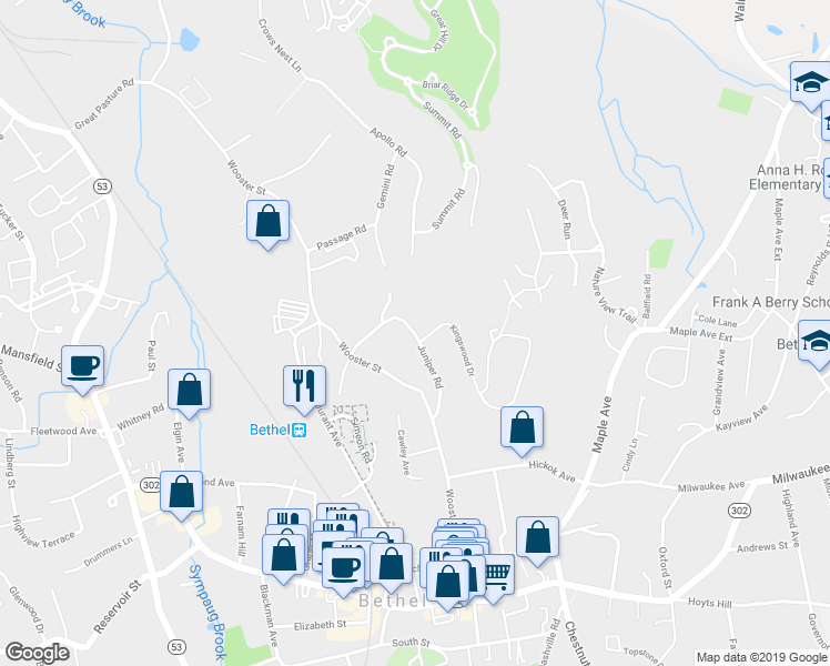 map of restaurants, bars, coffee shops, grocery stores, and more near 42 Juniper Road in Bethel