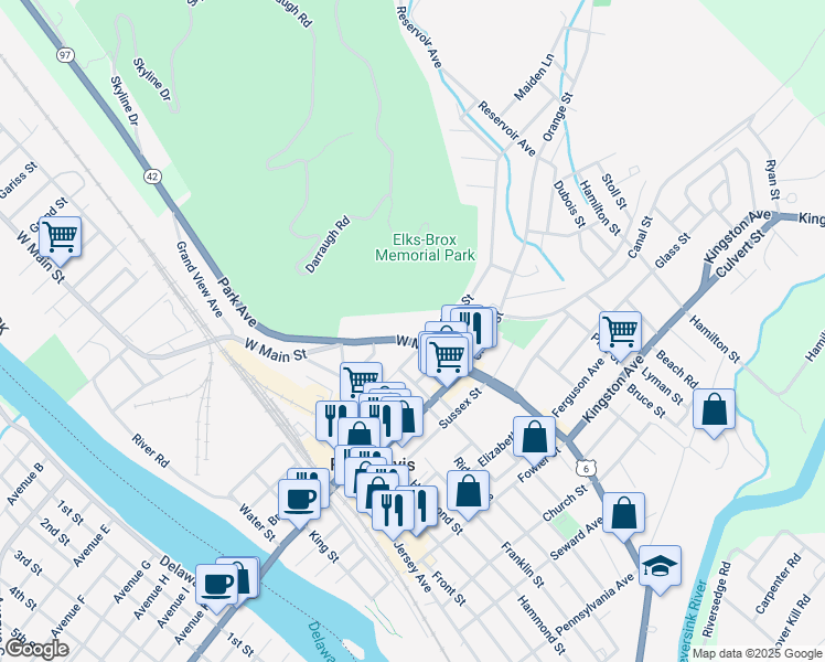 map of restaurants, bars, coffee shops, grocery stores, and more near 31 West Main Street in Port Jervis