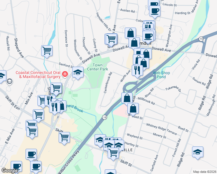 map of restaurants, bars, coffee shops, grocery stores, and more near 142 Centerbrook Road in Hamden
