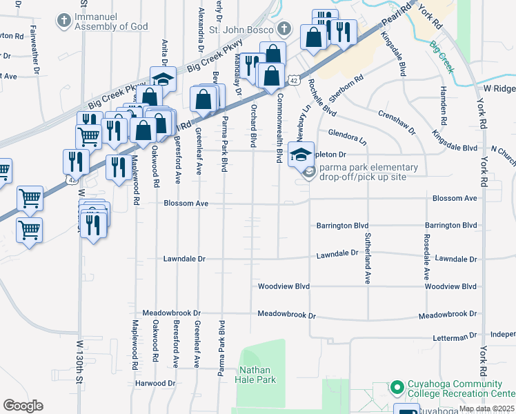 map of restaurants, bars, coffee shops, grocery stores, and more near 6793 Orchard Boulevard in Parma Heights
