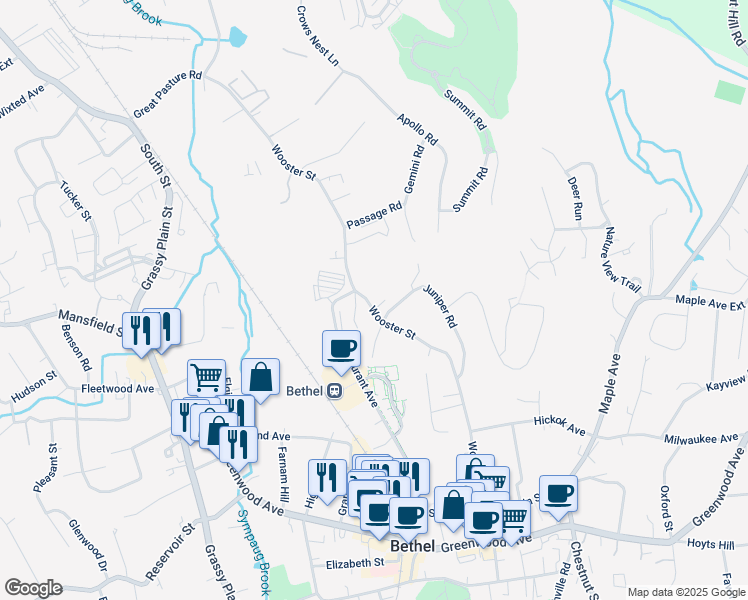 map of restaurants, bars, coffee shops, grocery stores, and more near 79 Wooster Street in Bethel