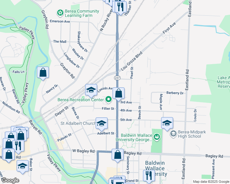 map of restaurants, bars, coffee shops, grocery stores, and more near 501 Front Street in Berea