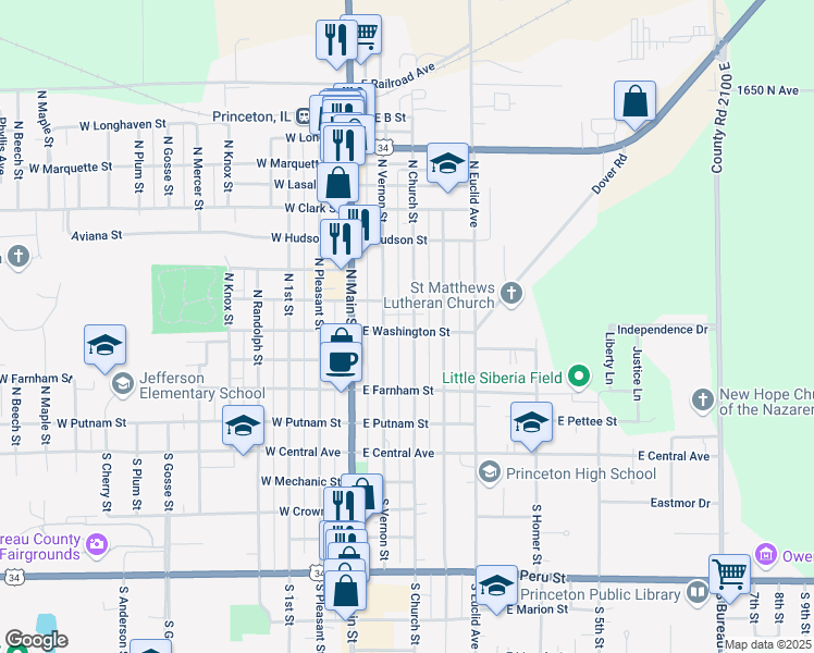 map of restaurants, bars, coffee shops, grocery stores, and more near 404 North Church Street in Princeton