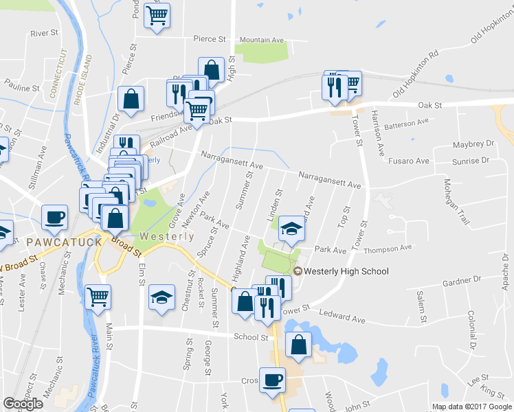 map of restaurants, bars, coffee shops, grocery stores, and more near 41 Highland Avenue in Westerly