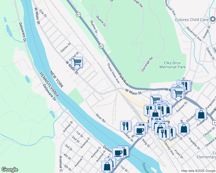 map of restaurants, bars, coffee shops, grocery stores, and more near 111 West Main Street in Port Jervis
