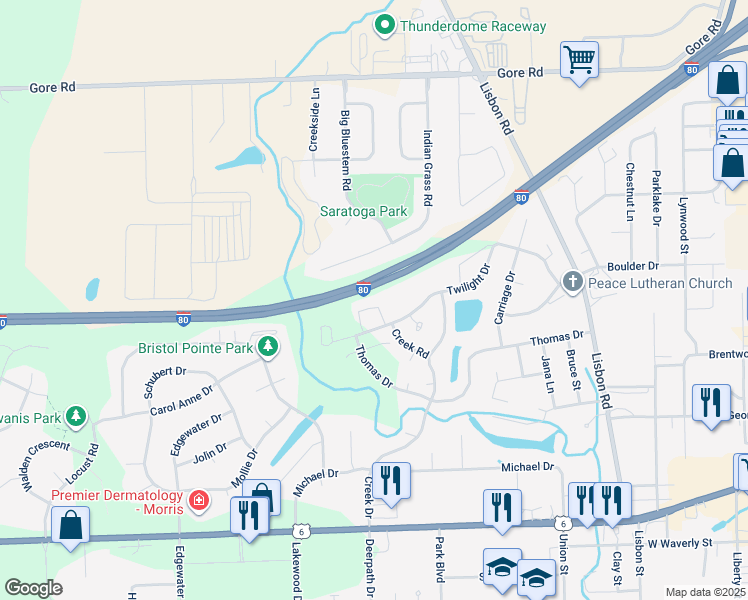 map of restaurants, bars, coffee shops, grocery stores, and more near 800 Twilight Drive in Morris
