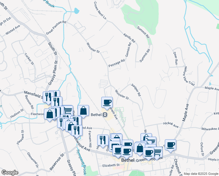 map of restaurants, bars, coffee shops, grocery stores, and more near 38 Durant Avenue in Bethel