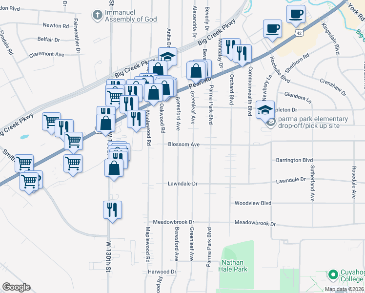 map of restaurants, bars, coffee shops, grocery stores, and more near 6793 Beresford Avenue in Parma Heights