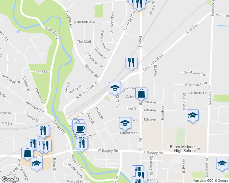 map of restaurants, bars, coffee shops, grocery stores, and more near 96 Lincoln Avenue in Berea
