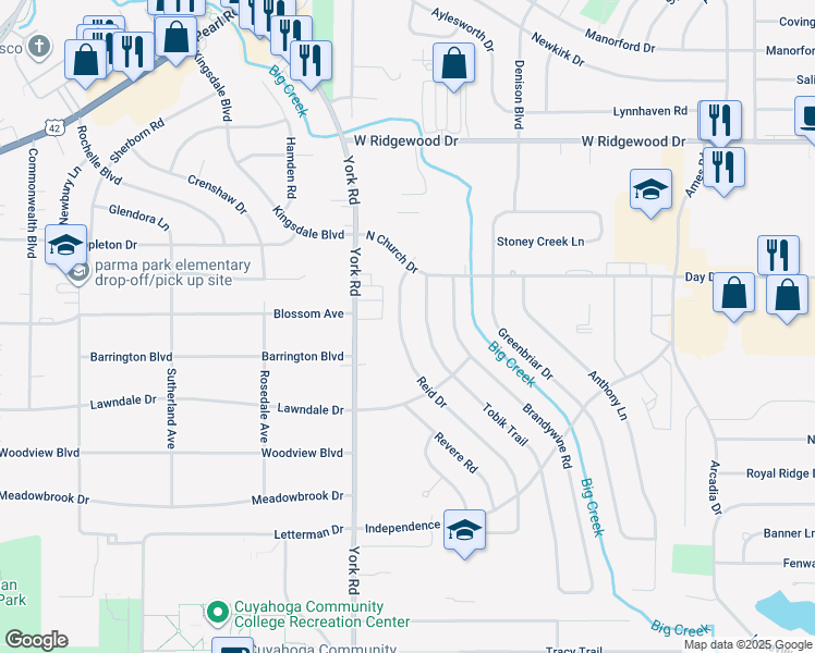 map of restaurants, bars, coffee shops, grocery stores, and more near 6781 Reid Drive in Parma Heights
