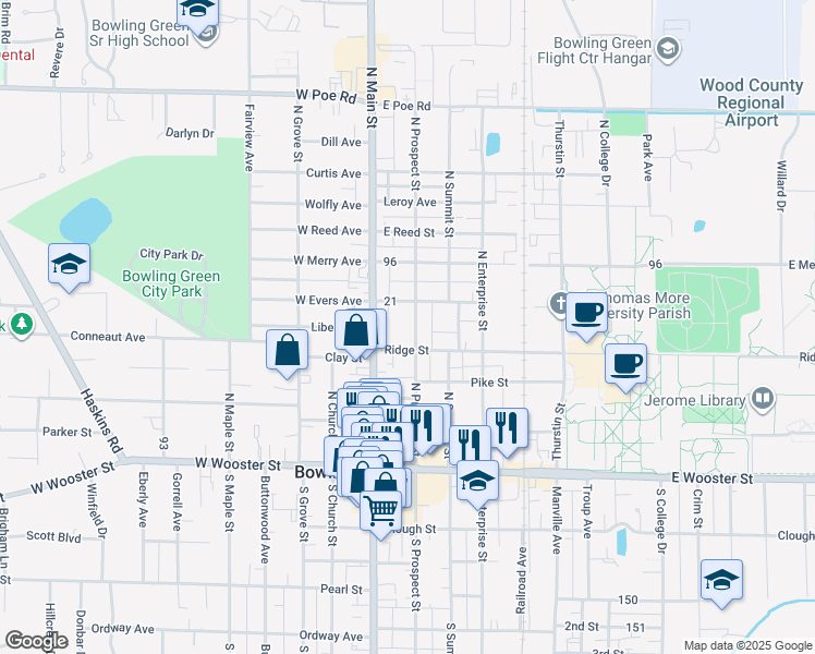 map of restaurants, bars, coffee shops, grocery stores, and more near 421 N Prospect St in Bowling Green