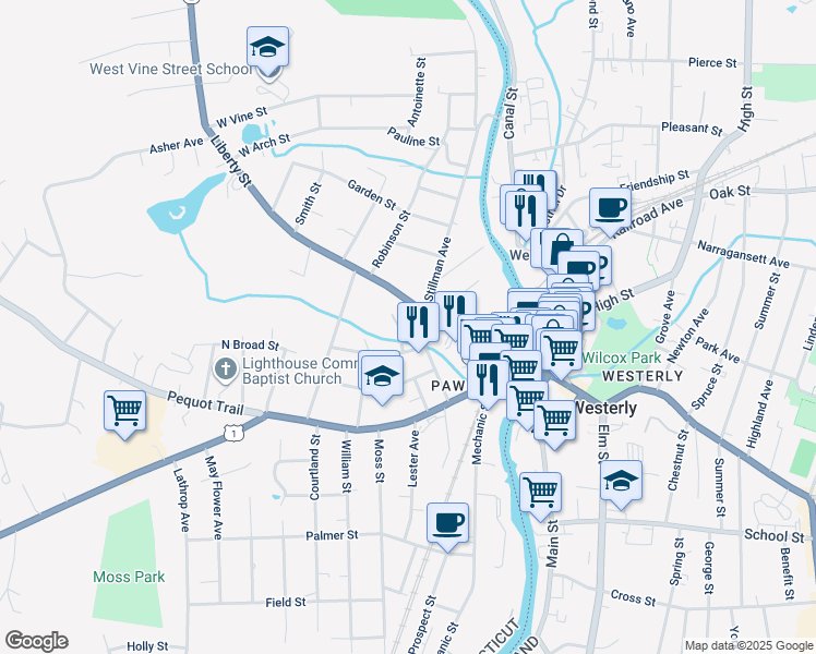 map of restaurants, bars, coffee shops, grocery stores, and more near 5 Morton Avenue in Stonington