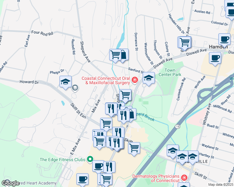 map of restaurants, bars, coffee shops, grocery stores, and more near 90 Shepard Avenue in Hamden