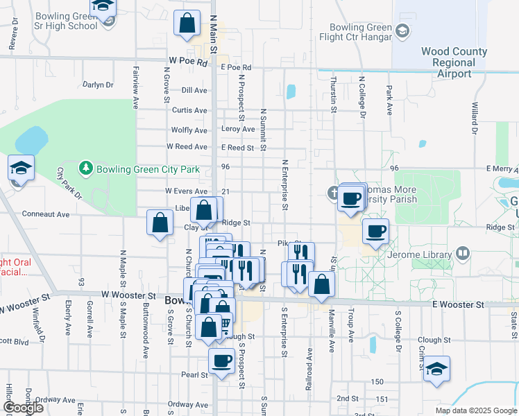 map of restaurants, bars, coffee shops, grocery stores, and more near 225 Ridge Street in Bowling Green
