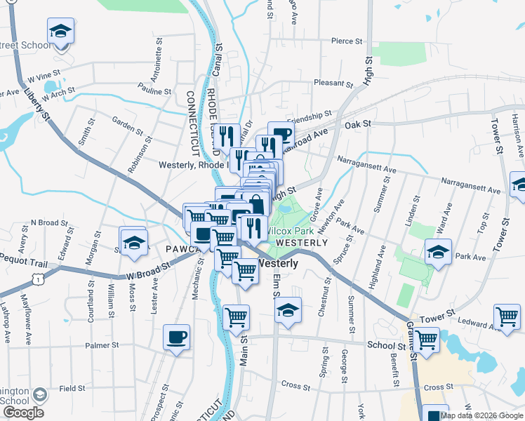 map of restaurants, bars, coffee shops, grocery stores, and more near 53 High Street in Westerly