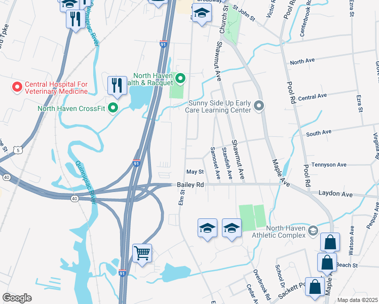 map of restaurants, bars, coffee shops, grocery stores, and more near 141 Elm Street in North Haven