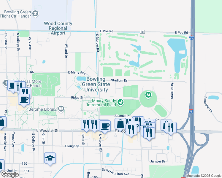 map of restaurants, bars, coffee shops, grocery stores, and more near 417 North Mercer Road in Bowling Green