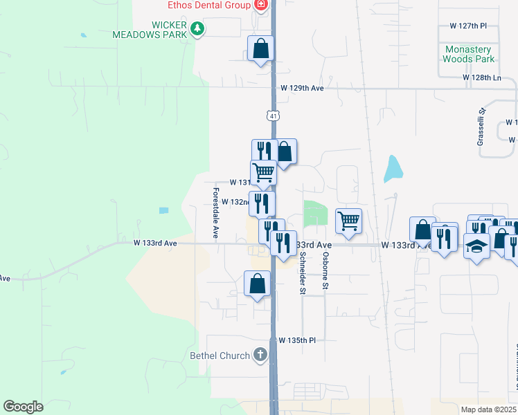 map of restaurants, bars, coffee shops, grocery stores, and more near 13212 Wicker Avenue in Cedar Lake