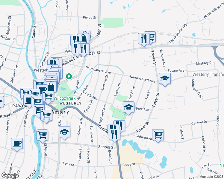 map of restaurants, bars, coffee shops, grocery stores, and more near 41 Highland Avenue in Westerly