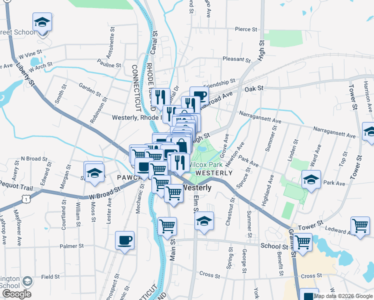 map of restaurants, bars, coffee shops, grocery stores, and more near 71 1/2 High Street in Westerly
