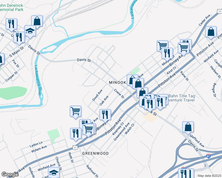map of restaurants, bars, coffee shops, grocery stores, and more near 3210 Oak Ave in Scranton