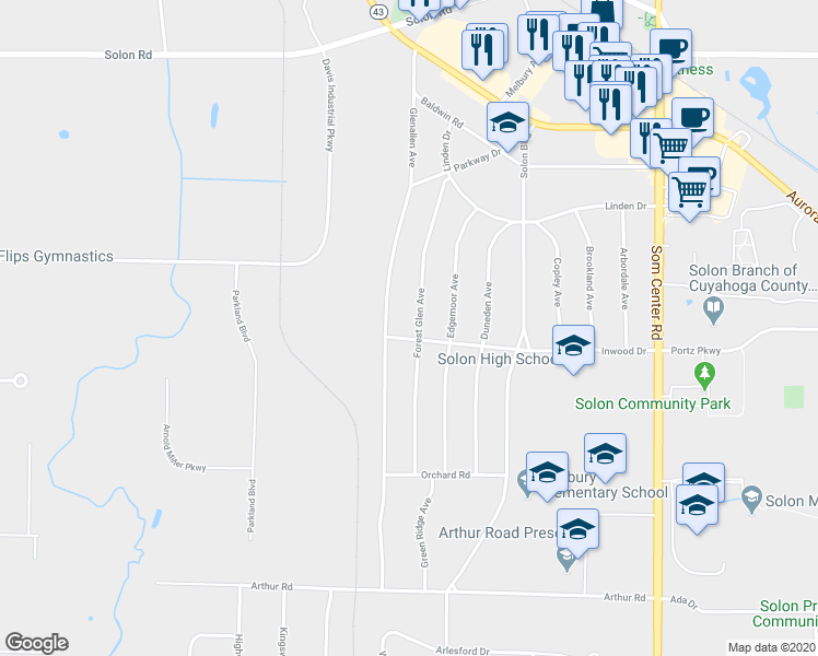 map of restaurants, bars, coffee shops, grocery stores, and more near 6634 Forest Glen Avenue in Solon