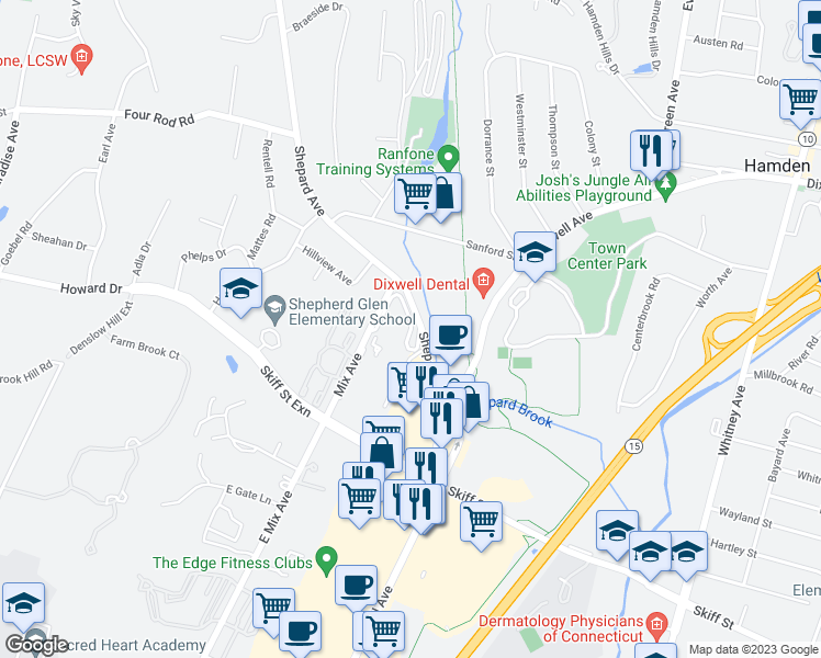 map of restaurants, bars, coffee shops, grocery stores, and more near 70 Shepards Knoll Drive in Hamden