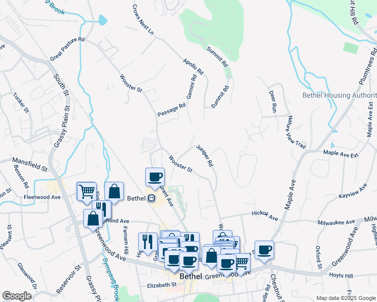 map of restaurants, bars, coffee shops, grocery stores, and more near 19 Juniper Road in Bethel