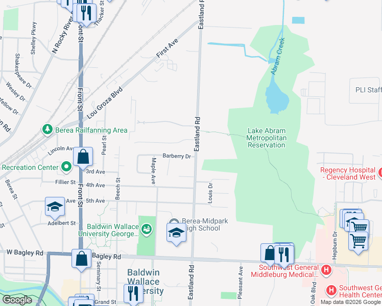 map of restaurants, bars, coffee shops, grocery stores, and more near 665 Eastland Road in Berea