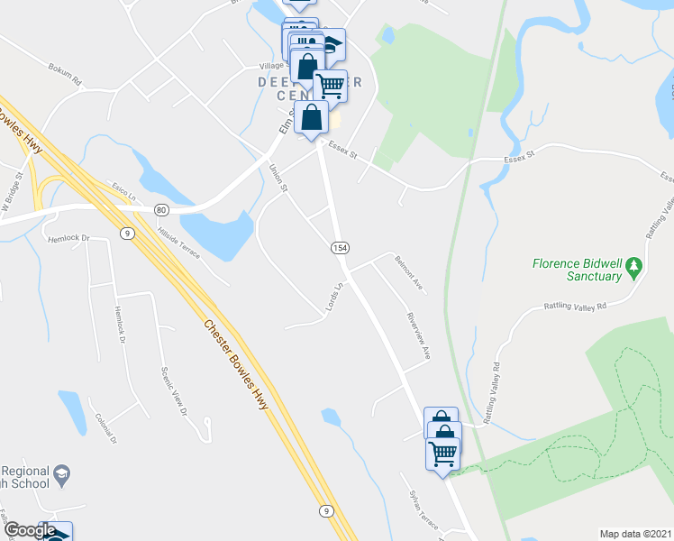 map of restaurants, bars, coffee shops, grocery stores, and more near 260 Middlesex Turnpike in Deep River