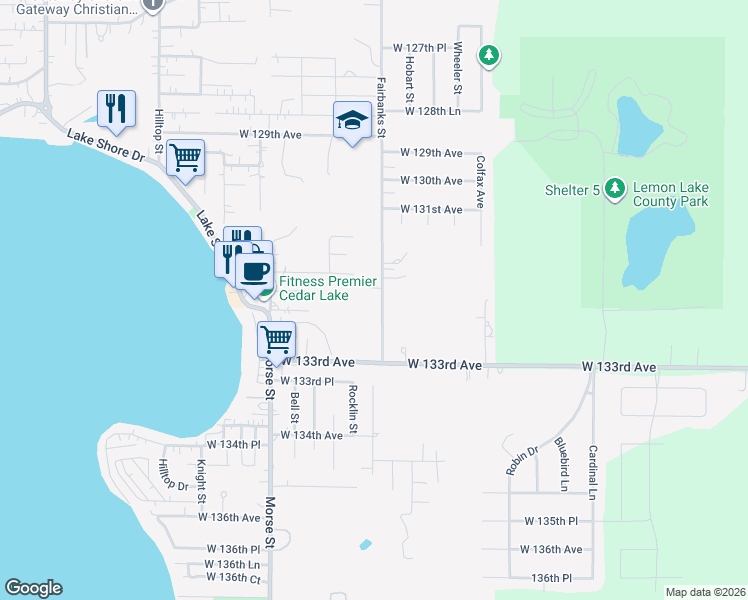 map of restaurants, bars, coffee shops, grocery stores, and more near 13132 Fairbanks Street in Cedar Lake