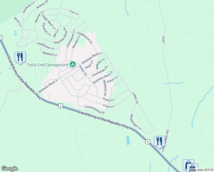 map of restaurants, bars, coffee shops, grocery stores, and more near 5203-5211 Commanche Drive in Shohola