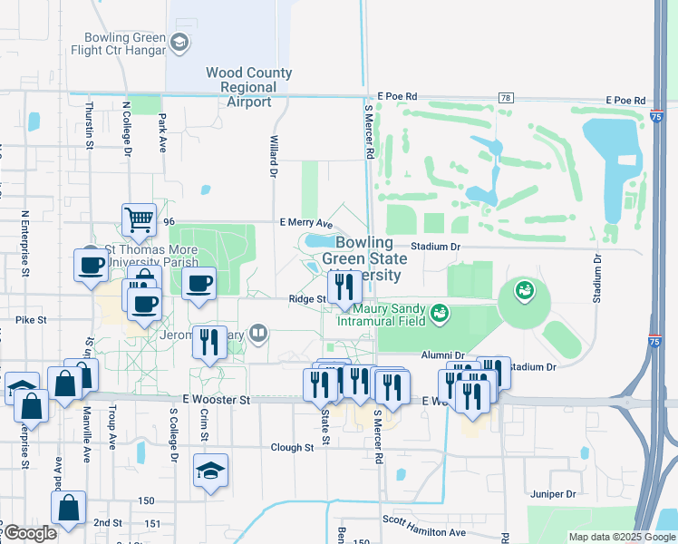 map of restaurants, bars, coffee shops, grocery stores, and more near 1411 Ridge Street in Bowling Green