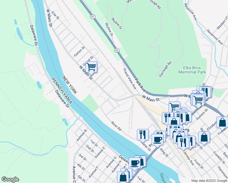 map of restaurants, bars, coffee shops, grocery stores, and more near 7 Fossard Street in Port Jervis