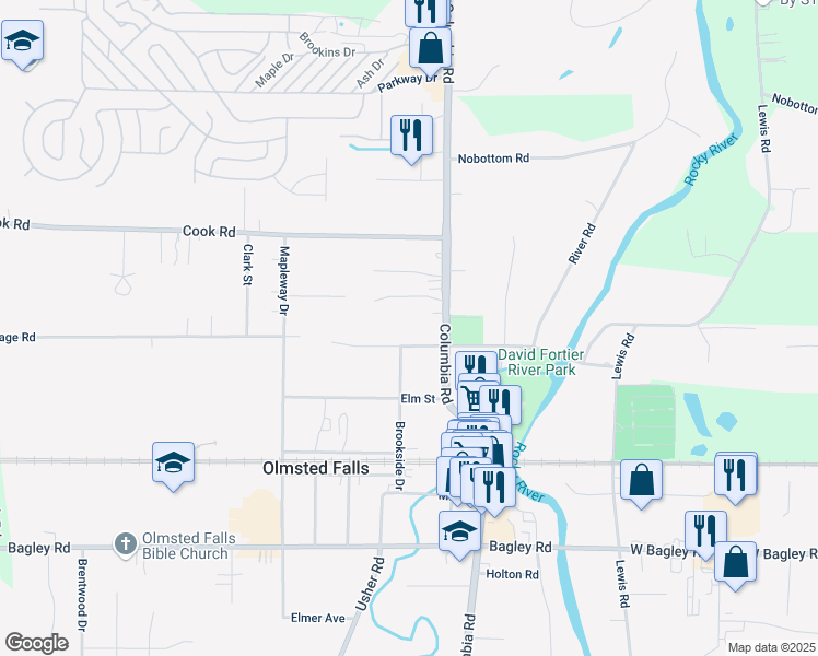 map of restaurants, bars, coffee shops, grocery stores, and more near 25670 Water Street in Olmsted Falls