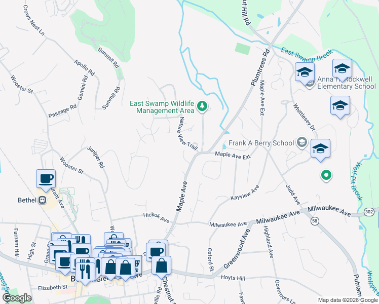 map of restaurants, bars, coffee shops, grocery stores, and more near 3 Farm Court in Bethel