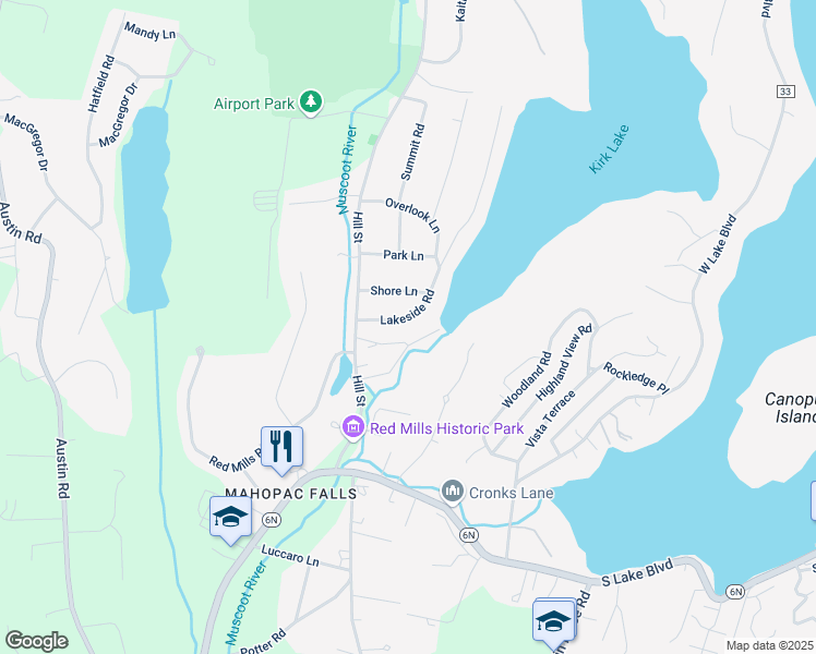 map of restaurants, bars, coffee shops, grocery stores, and more near 89 Lakeside Road in Mahopac