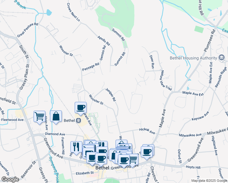 map of restaurants, bars, coffee shops, grocery stores, and more near 43 Juniper Road in Bethel