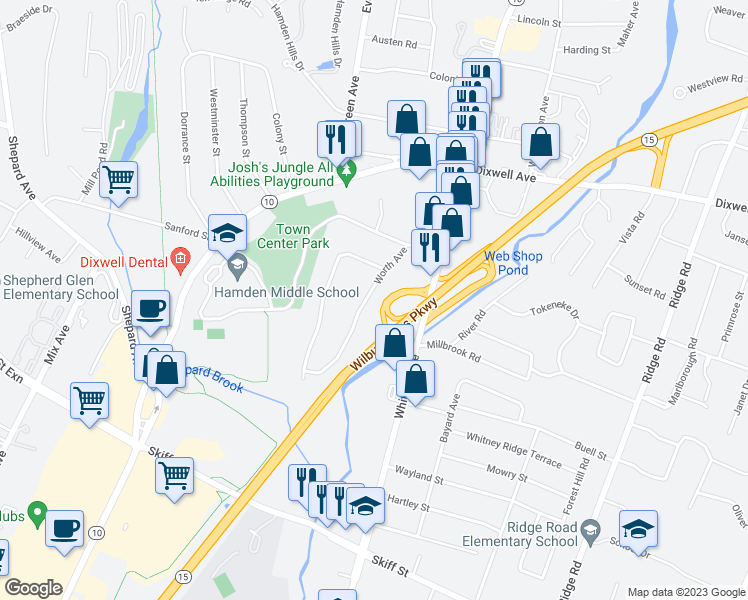 map of restaurants, bars, coffee shops, grocery stores, and more near 114 Worth Avenue in Hamden
