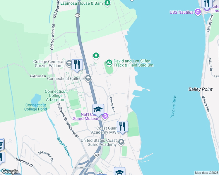 map of restaurants, bars, coffee shops, grocery stores, and more near 151 Oneco Avenue in New London