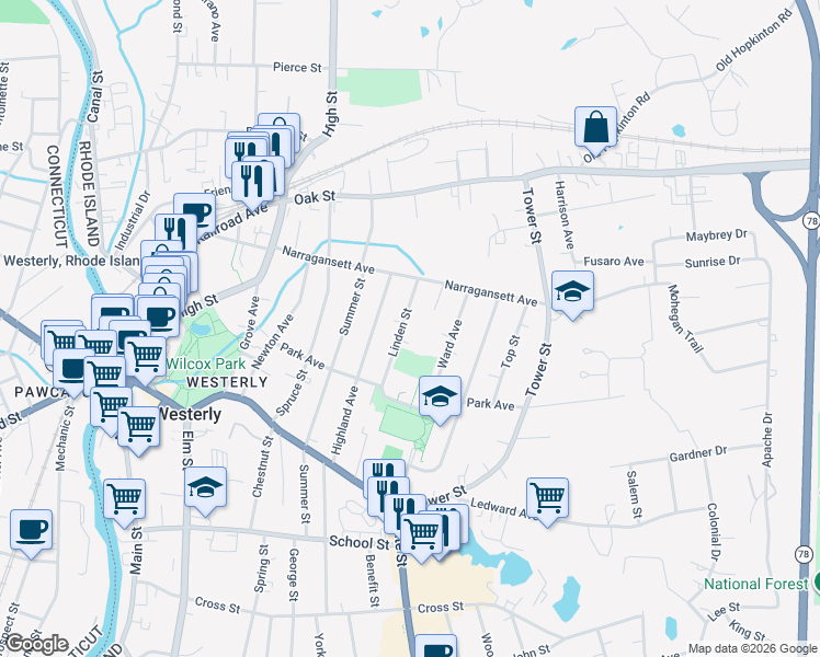 map of restaurants, bars, coffee shops, grocery stores, and more near 17 Linden Street in Westerly